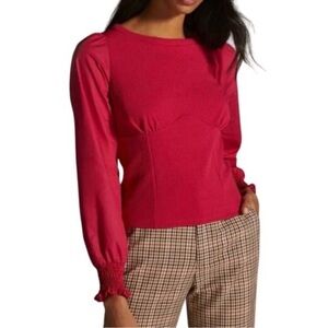 By Anthropologie Blouse Crepe Smocked Structured Pink Smocking Small